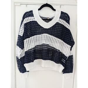 Pete Navy & White Striped Open-Knit Mesh V-Neck Sweater Sz Small
